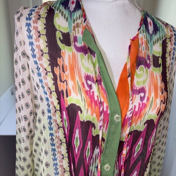 NWT NEW Zara Feather Trim Printed Blouse XS Boho Sheer Tassle Button Front - Picture 7 of 10